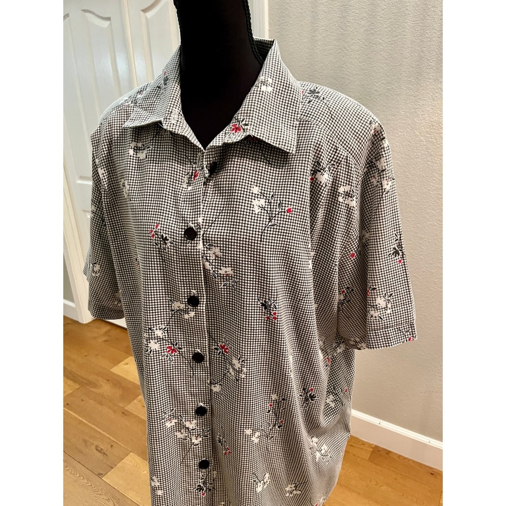 Vintage 80s Gingham Floral Blouse Cottagecore Shoulder Pads Black White XL 1X